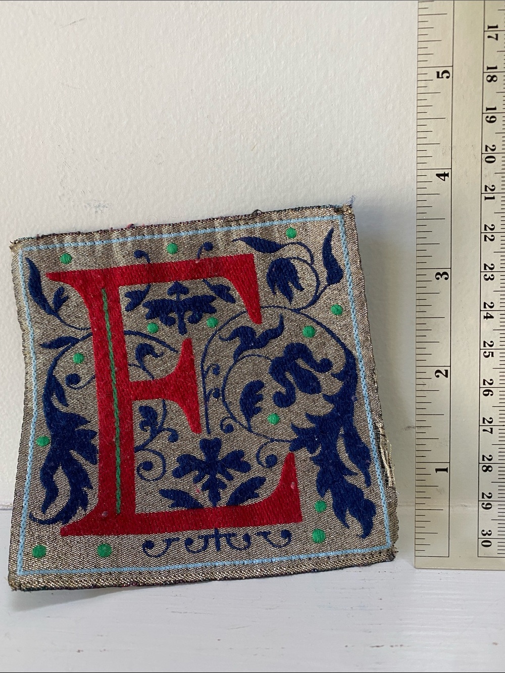 Vintage Embroidered Monogram 'E' Patch in Red, Blue & Green